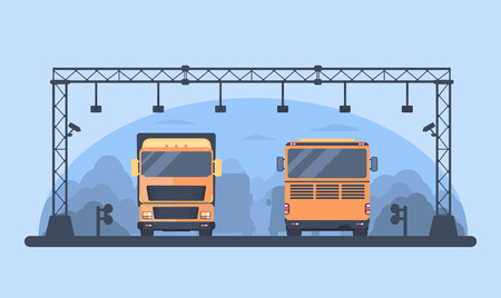 Toll highway. Checkpoint on the toll road. Toll gate construction. Bus and lorry truck on roadway.のイラスト素材