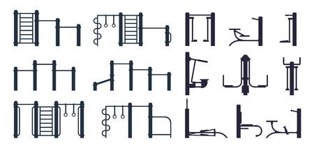 Outdoor workout gym black silhouette equipment and trainer machine. Street fitness background elements.のイラスト素材