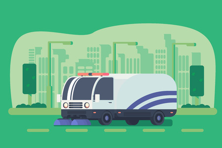 Road cleaner car. Street sweeper. Macine for road service.のイラスト素材