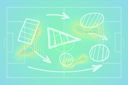 Football or soccer field with hand draw tactical scheme and linear heat map.のイラスト素材