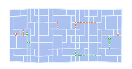 Paper abstract city map with two route and geolocation mark. Vector illustration isolated on white background.のイラスト素材