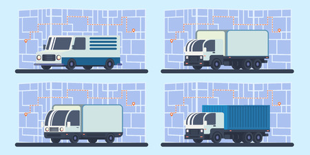 Set of delivery truck with map and route transportation.のイラスト素材
