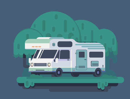 Camping car in forest. Mobile house on wheel. Vector flat illustration.のイラスト素材