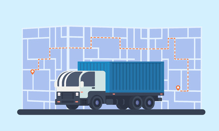 Delivery lorry car with map, route and geolocation marker. Truck for transportation sea and rilway container. Logistics delivery service.のイラスト素材