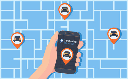 Carsharing service illustration. Abstract urban map with geolocation mark, different cars and...