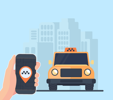 Online Taxi car service. Online cab booking. Service for transportation passengers. Minivan with city background. Mobile phone in hand with geolocation mark. Flat vector illustration.のイラスト素材