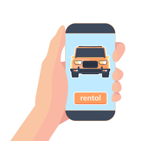 Smartphone in hand with app for carsharing online rental service. Booking car. Vector flat illustrationの写真素材