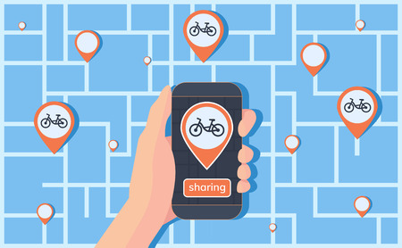 Bicycle sharing system with use smartphone for rent and paid. Abstract urban map with geolocation mark and smartphone in hand. Online rental bike. Smart service for rent bicycles in the city. Vector illustration.のイラスト素材