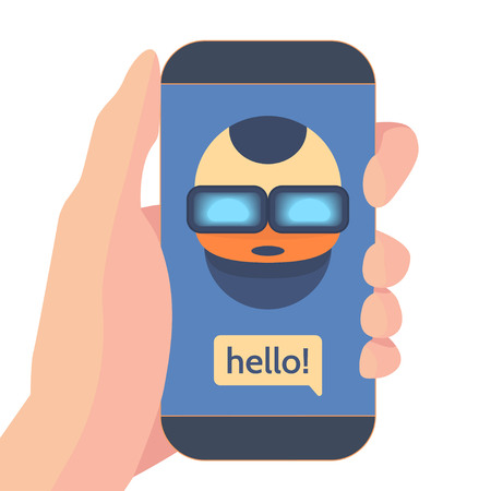 Smartphone in hand with app for online consultation using artificial intelligence. Cute chatbot or talkbot in flat style. Character of robot-steaming above the surface. Vector flat illustration.のイラスト素材