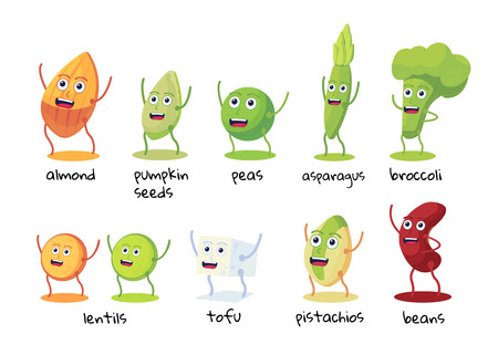 Set of funny character of foods high in protein . Beans, broccoli, asparagus, tofu, peas, lentils, almonds, pistachios, pumpkin seeds. Vegan protein resource Flat vector illustrationのイラスト素材