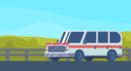 Car on highway. Car for suburban movement, family rest and travel. Web banner. Vector flat illustration.のイラスト素材