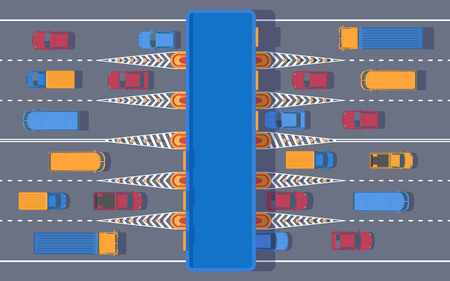 Toll road with the checkpoint. Road tax for using expensive. Highway toll plaza with transport. Car and roadside point. Vector flat top view illustration.のイラスト素材