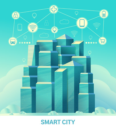 Smart city. Urban landscape with smart infographic elements and icon. Technological modern town of future.の写真素材
