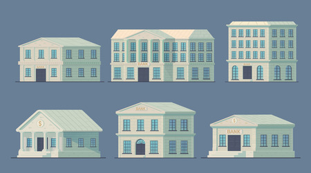 Set of bank building in the city. Bank building to serve the public and conduct financial and credit operations. Vector illustration.のイラスト素材