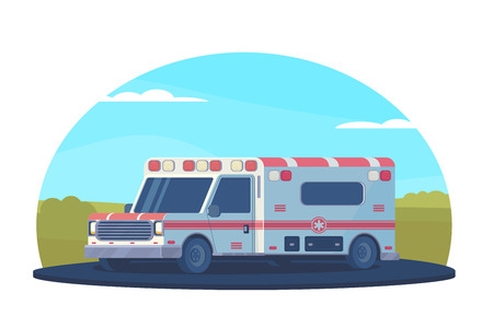Ambulance car on road outside the city. First aid medical vehicle. Vector flat style.の写真素材