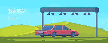 Wireless automated toll collection gate on highway. Checkpoint on the toll road. Web banner. Vector flat illustration.の写真素材