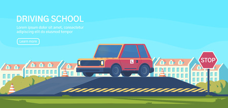 Driving school. Practical testing of maneuvers and exercises to improve driving skills. Flat vector illustration.のイラスト素材