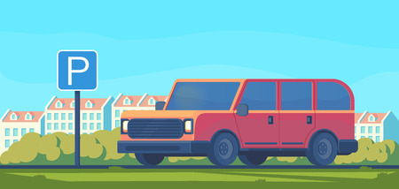 Parking lot with car in city. Sign for parking area. Flat vector illustration.の写真素材
