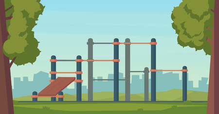 Summer street workout park for fitness and strength training. City sport place. Element and equipment for urban outdoor training. Flat illustrationのイラスト素材