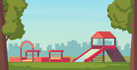 Kids playground or park. Children play complex with slide and sandbox. Vector illustration.のイラスト素材