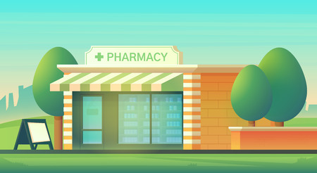 The facade of the pharmacy shop. Magazine for sale of medicines prescription drugs. Vector flat style illustration.のイラスト素材