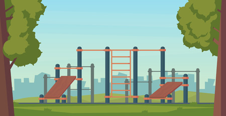 Summer street workout park for fitness and strength training. City sport place. Element and equipment for urban outdoor training. Flat illustrationのイラスト素材