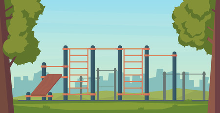 Summer street workout park for fitness and strength training. City sport place. Element and equipment for urban outdoor training. Flat illustrationのイラスト素材