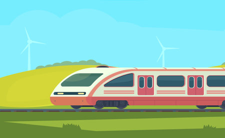 Passanger modern electric high-speed train with nature landscape in a hilly area. Railway transport. Travel by train. Vector flat illustation.のイラスト素材