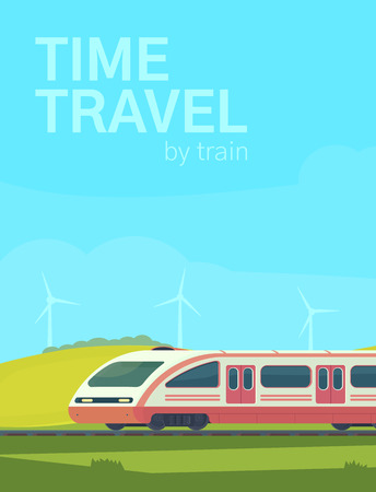 Poster time to travel by train. Passanger modern electric high-speed train with nature landscape in a hilly area. Vector illustation. Railway transport.のイラスト素材