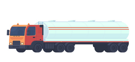 Tank truck transportation, oil, gasoline to gas stations, water and liquid substances. Semitrailer with a reservoir for fluid. Vector flat style illustration.のイラスト素材
