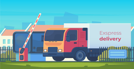 Entry through the barrier which is raised to pass the car. Toll gate with reception booth and delivery truck. Checkpoint to residential area. Vector flat illustration.のイラスト素材