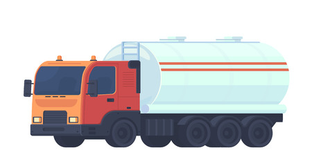 Tank truck transportation, oil, gasoline to gas stations, water and liquid substances. Lorry truck with a reservoir for fluid. Vector flat style illustration.のイラスト素材