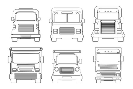 Set of lorry outline car. Heavy truck for transportation various objects. Vector line illustration isolated on white background. Front view.のイラスト素材