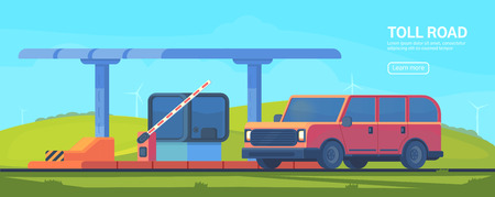 Checkpoint on the toll road. Booth with boom barrier Web banner. Vector illustration.のイラスト素材