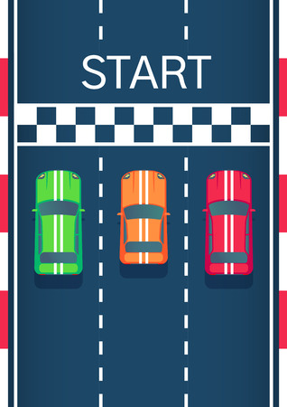 Racing sports cars on start line. Motorsport modern car. Flat style top view vector illustration.のイラスト素材