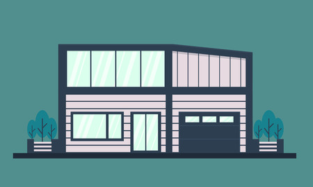 Modern house with garage and garden tree. Front view vector illustration in flat style.のイラスト素材