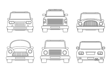 Set of different types of urban car. Front and back view illustration. Compact car, service tow pick up, SUV, modern and vintage vehicle. Linear style.のイラスト素材