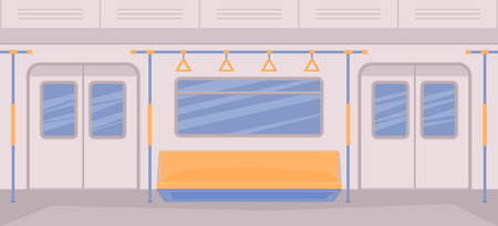 Subway train car inside. Interior with seats, a door for entrance and exit, handrails, window.のイラスト素材
