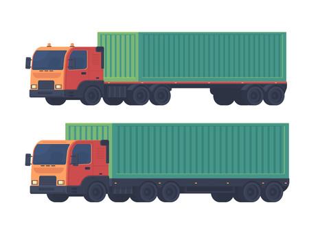 Two truck with a semi-trailer and sea container for the delivery of goods. Logistic service. Vector flat illustartion isolatedon white.のイラスト素材