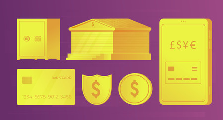 Set of bank golden elements for infographics and web banners. Bank building, credit card, smartphone, coin, safe, shield. Vector illustration.のイラスト素材