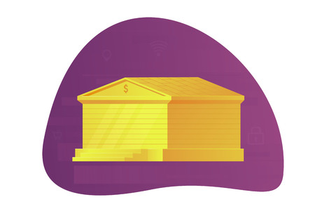 Online payment. Gold bank building with technology background. Administrative financial state institution for the storage of money and other valuable property. Vector illustration.のイラスト素材