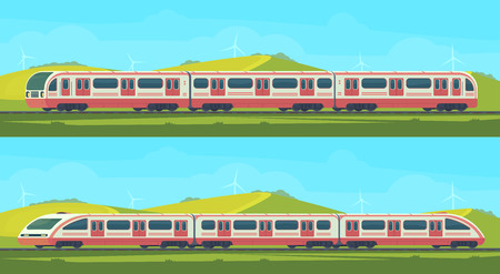Two passanger modern electric high-speed train with nature landscape in a hilly area. Vector illustation. Railway transport.のイラスト素材