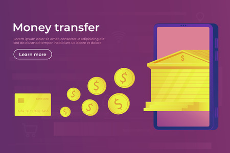 Online payment. Digital secure money transfer and transaction for using smartphone and bank card. Iinternational currencies. Web banner vector illustration.のイラスト素材