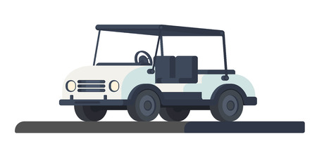 Colf club car. Transport for movement during the game and competition at the golf course. Golf cart or car. Vector illustration isolated onwwhite background.のイラスト素材