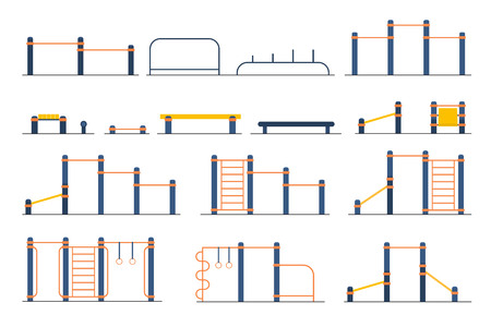 Street workout place or park constructor. Fitness and gym street equipment. Sport playground. Outdoor workout elements. Vector flat illustration isolated on white background. Street training elements.のイラスト素材