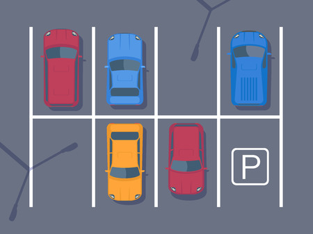 Free car parking lot with different car. Top view vector illustration. Flat styleのイラスト素材