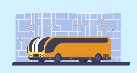 City bus. Paper map on background with route and geolocation mark. Vehicle for transportation passengers. Vector illustration.のイラスト素材