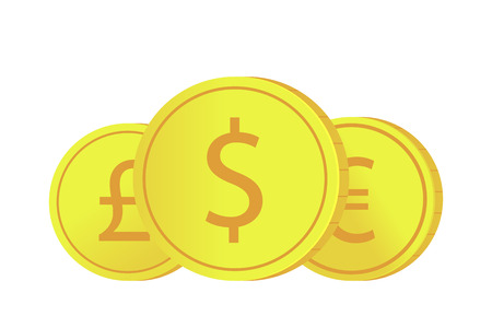A set of gold coins from international currencies with dollar, euro and pound signs. Vector illustration isolated on whiteのイラスト素材