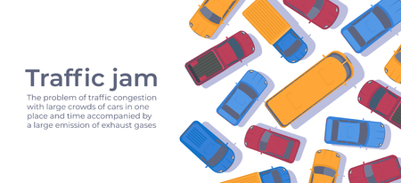 Traffic jam. Large congestion of cars. Web banner or poster design template.のイラスト素材