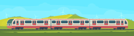 Passanger modern electric high-speed train with nature landscape in a hilly area.のイラスト素材